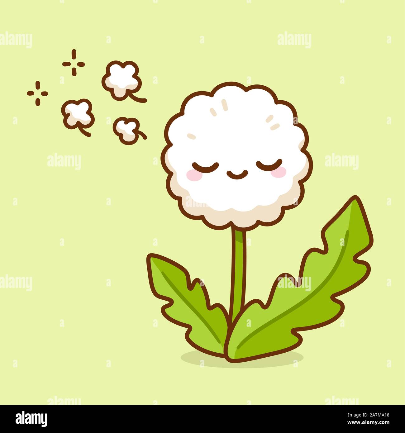 Cute cartoon pissenlit blowball dans le vent. Pissenlit fleur Kawaii doodle, hand drawn vector illustration. Illustration de Vecteur