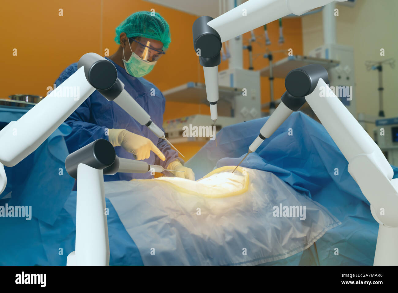 Concept de soins de santé médical smart, la chirurgie de l'utilisation des machines robotisées permet aux médecins d'effectuer de nombreux types de procédures complexes avec plus de précision, flexibi Banque D'Images