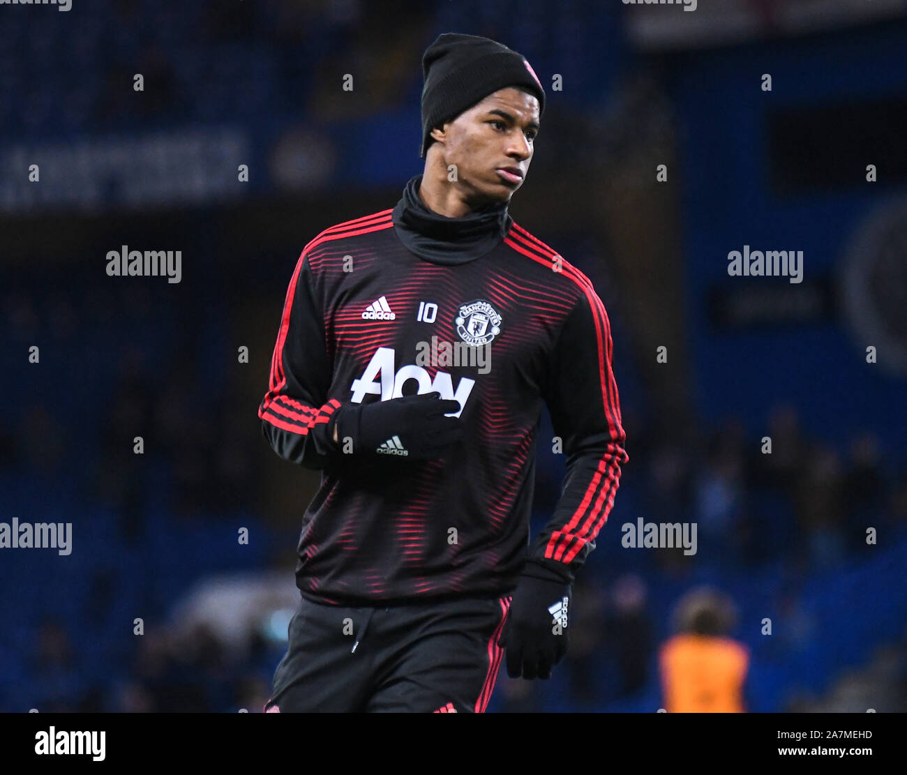Londres, Angleterre - le 18 février 2019 : Marcus Rashford de Manchester en photo avant de la FA Cup 2018/19 5e tour match entre Chelsea et Manchester United à Stamford Bridge. Banque D'Images