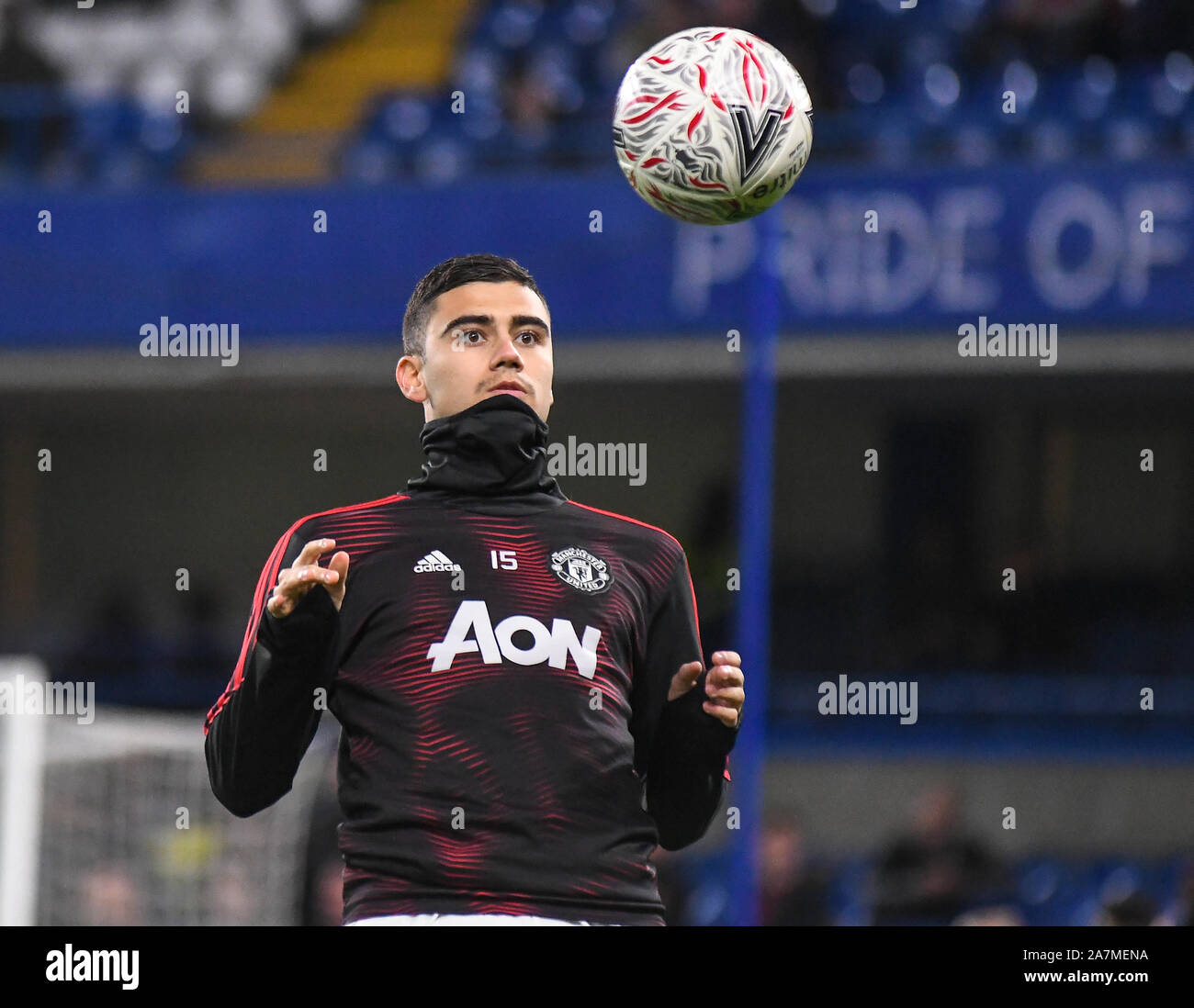 Londres, ANGLETERRE - 18 février 2019 Hoelgebaum : Andreas Hugo Pereira de Manchester en photo avant de la FA Cup 2018/19 5e tour match entre Chelsea et Manchester United à Stamford Bridge. Banque D'Images
