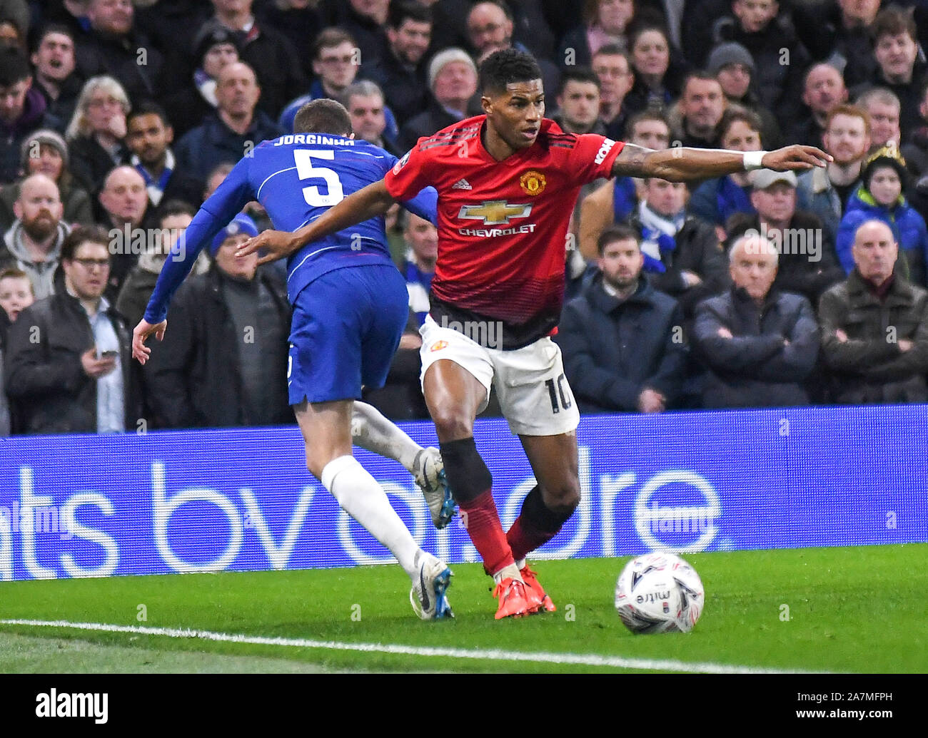 Londres, Angleterre - le 18 février 2019 : Marcus Rashford de Manchester en photo au cours de la FA Cup 2018/19 5e tour match entre Chelsea et Manchester United à Stamford Bridge. Banque D'Images