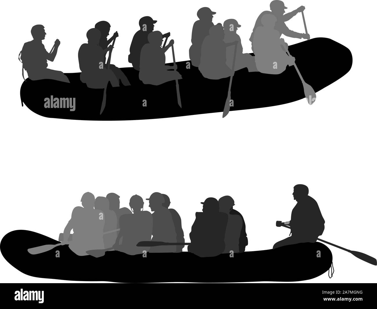 Descente sur une silhouette de l'eau Rivière rafteurs sur un fond blanc. Illustration de Vecteur