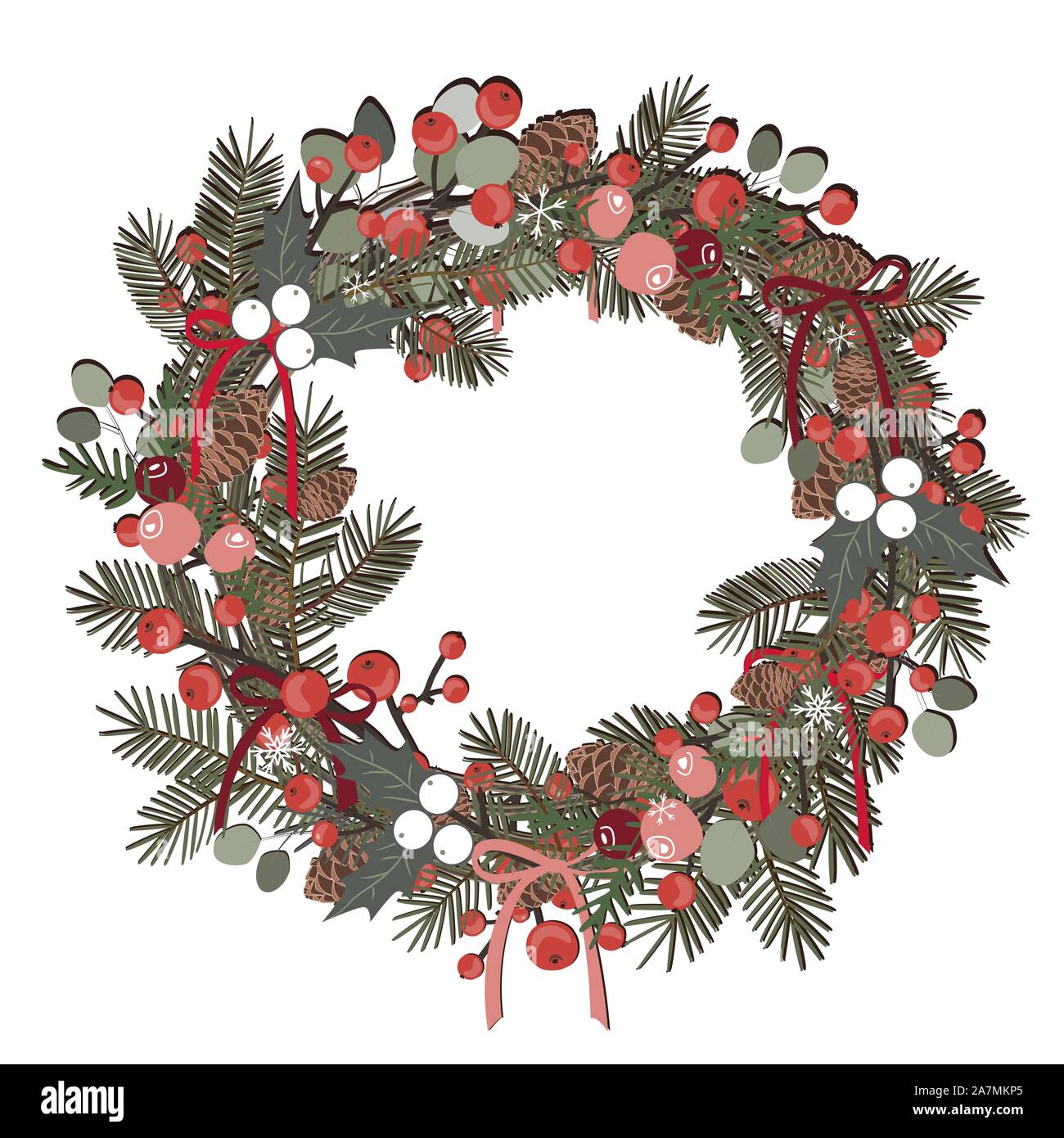 Belle décoration de Noël guirlande de branches de pins, petits fruits, Ilex, cèdre et des pommes de pin sur fond blanc. Vector illustration Illustration de Vecteur