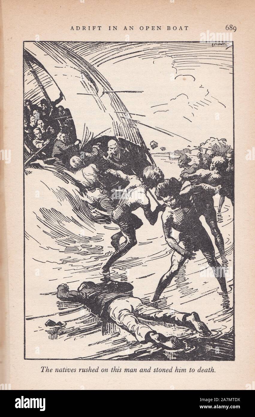 1930 Ex-libris illustré du livre 'incroyable' Hairbreadth 50 s'échappe des garçons lecture livre - 'à la dérive d'un Bateau ouvert' par Sir John Barrow. Banque D'Images