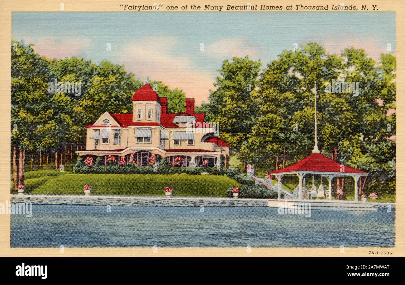 Pays des Mille-Îles, NY, vieille carte postale. Banque D'Images