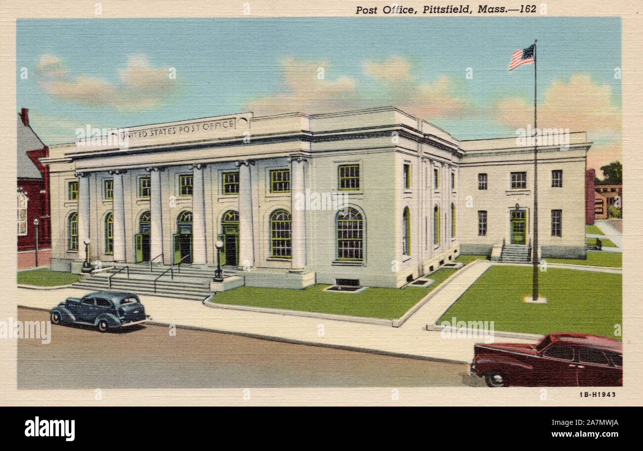 Bureau de poste, Pittsfield, ma carte postale vintage. Banque D'Images