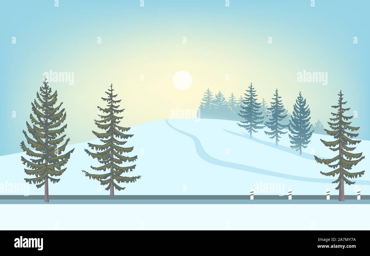 Paysage d'hiver. Soleil sur la colline de neige, de sapins et de la route. Illustration de Vecteur