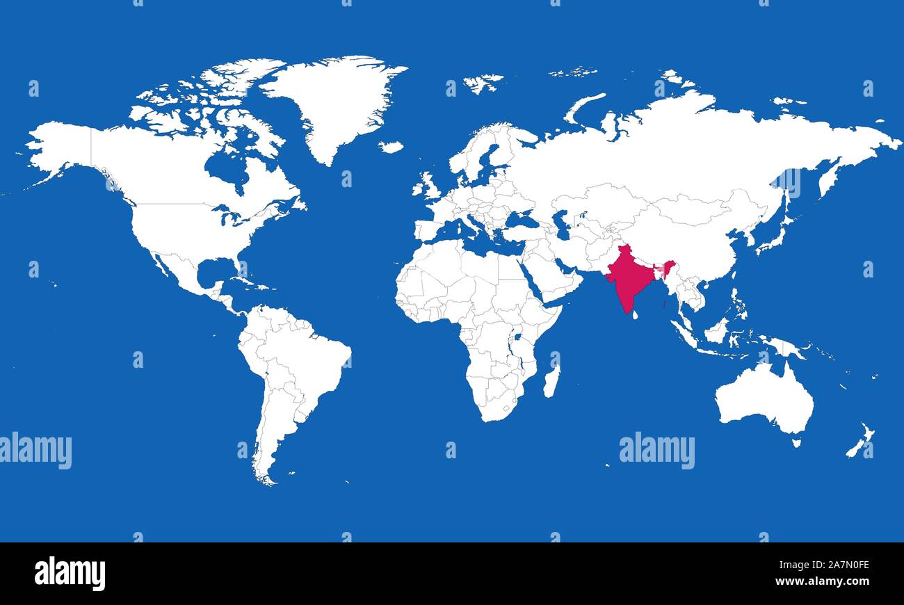 Carte du monde a mis en relief l'Inde avec l'illustration vecteur de couleur rose. Fond bleu. Illustration de Vecteur