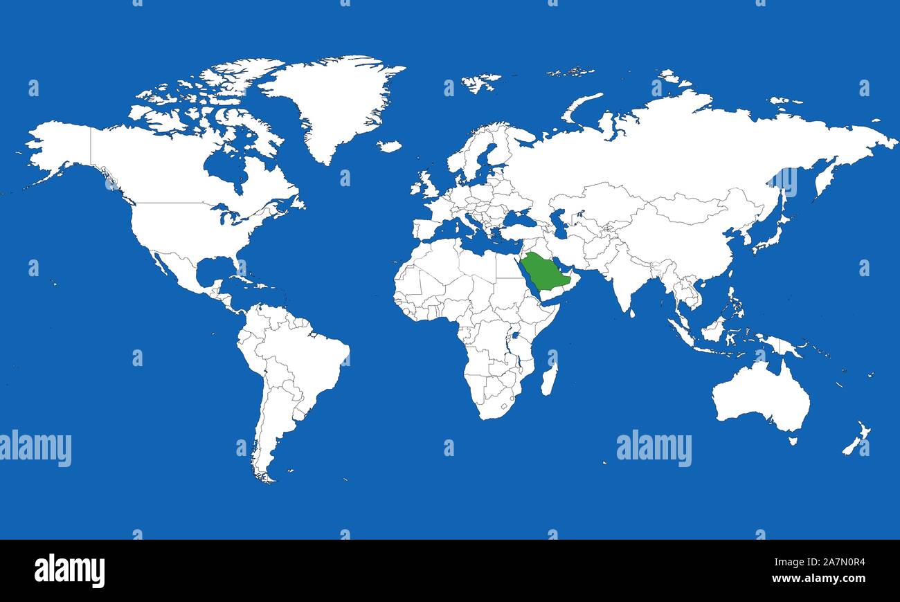 Carte du monde a mis en relief l'Arabie saoudite avec green vector illustration. Fond bleu. Pays arabes du Moyen-Orient. Illustration de Vecteur