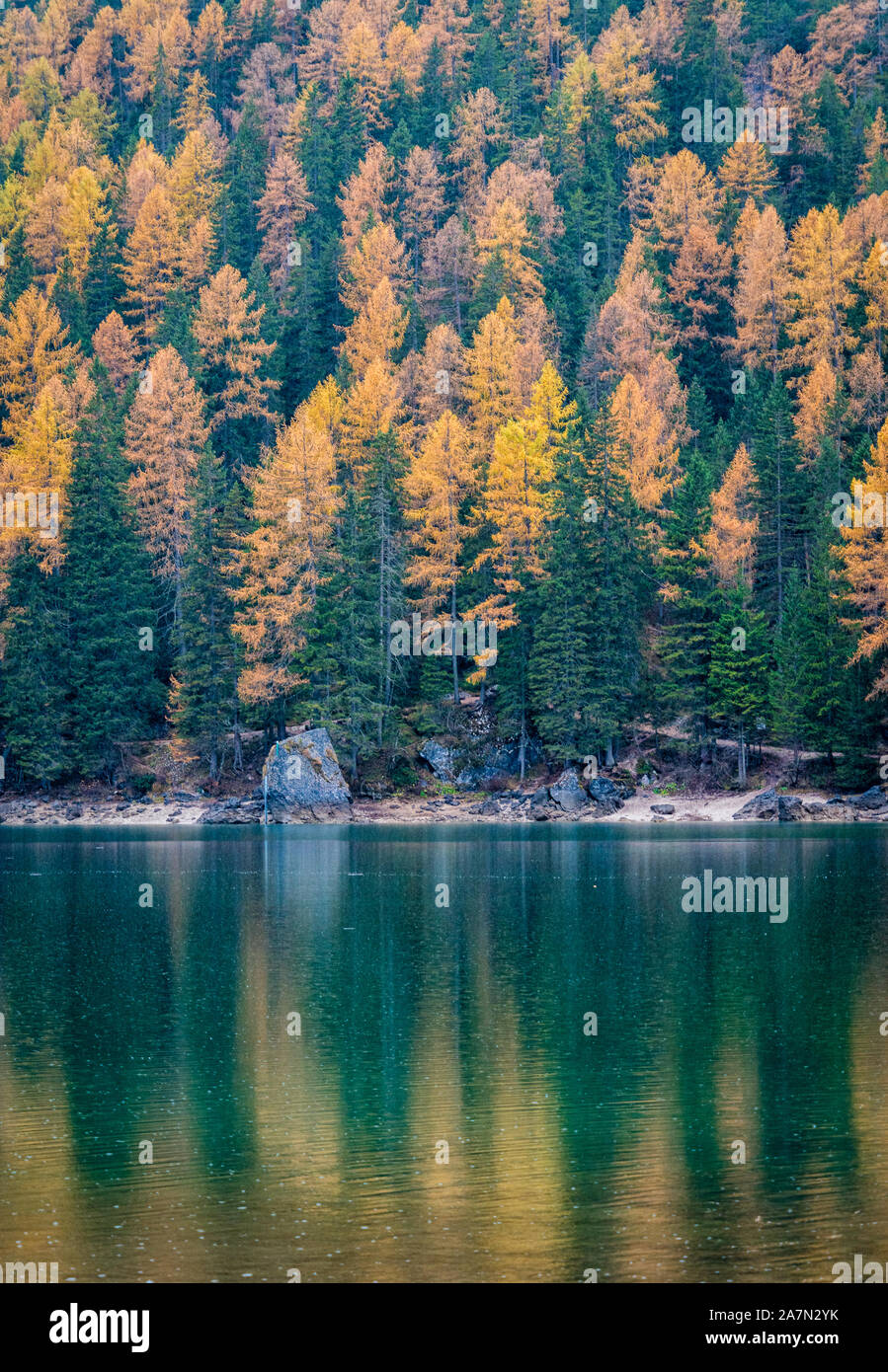 Matin d'automne brumeux au lac de Braies, Province de Bolzano, Trentin-Haut-Adige, Italie. Banque D'Images