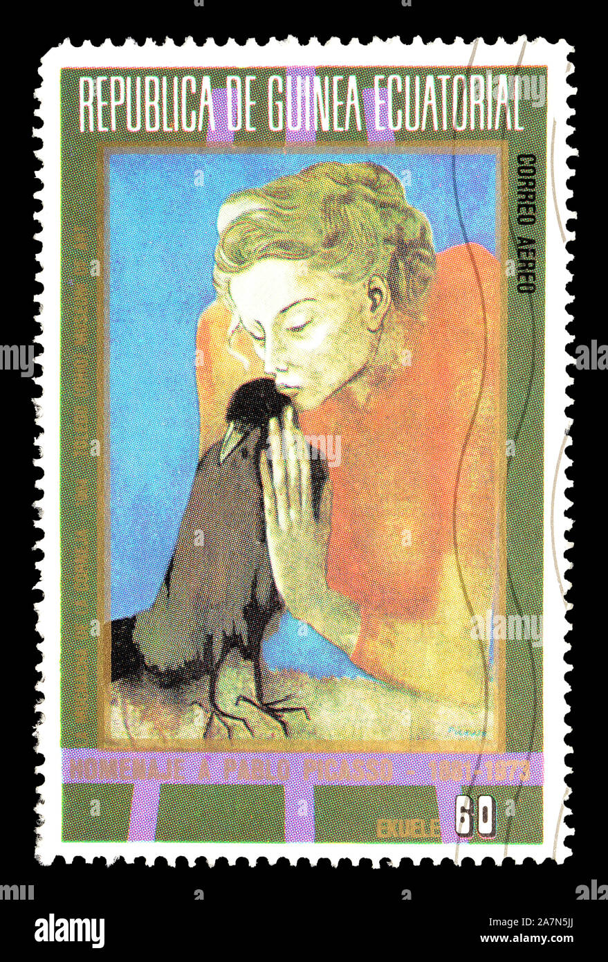 Timbre-poste imprimé par la Guinée équatoriale, qui montre des peintures de la période bleue de Picasso, vers 1973. Banque D'Images