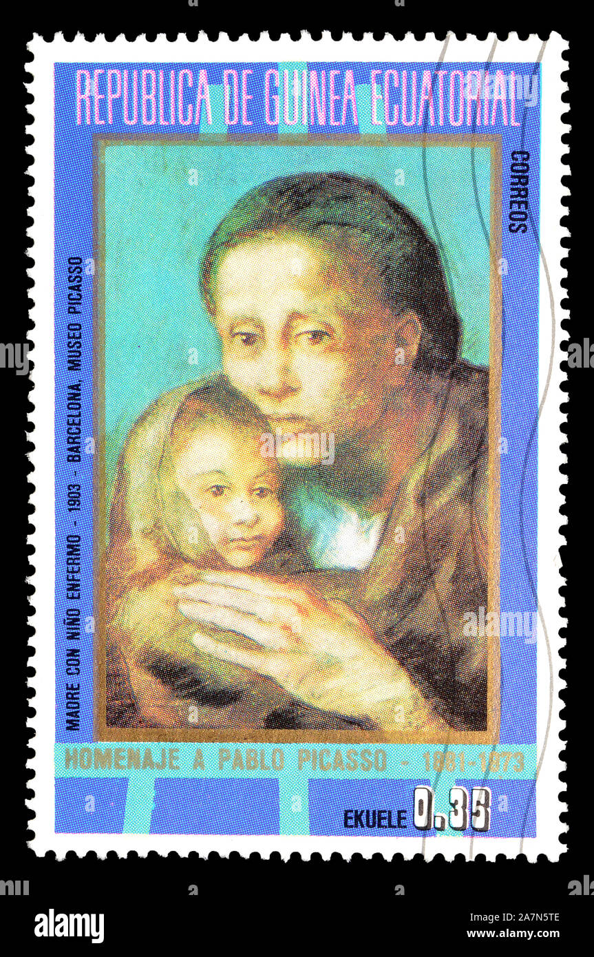 Timbre-poste imprimé par la Guinée équatoriale, qui montre des peintures de la période bleue de Picasso, vers 1973. Banque D'Images