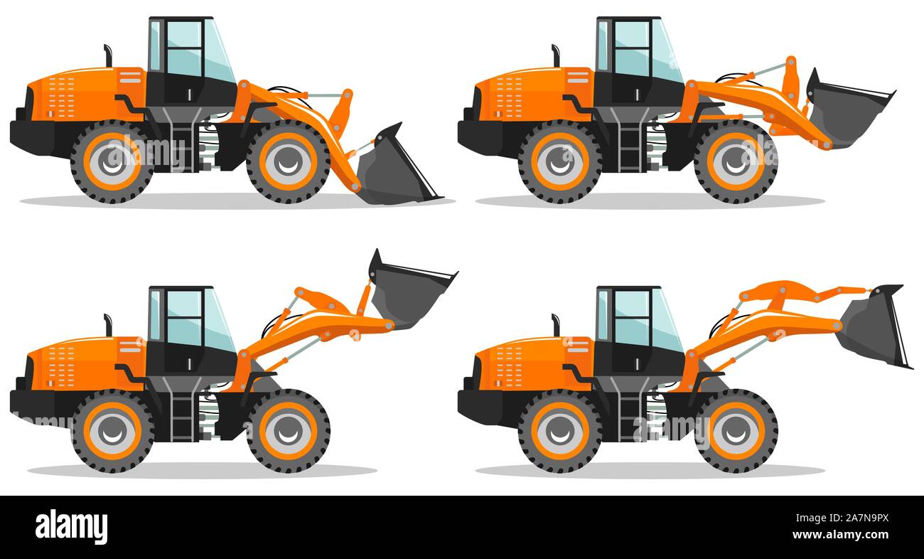 Chargeur de roue avec la position de rampe différents. Illustration détaillée de l'exploitation minière lourde machine et équipement de construction. Vector illustration. Illustration de Vecteur
