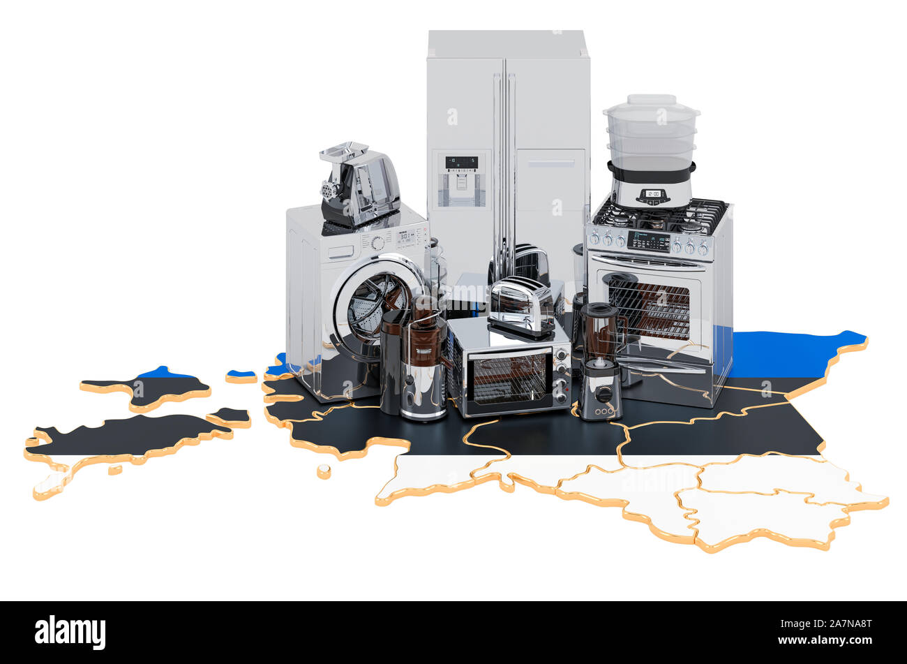 Cuisine et électroménager sur la carte de l'Estonie. La production, achats et concept de la prestation. Le rendu 3D isolé sur fond blanc Banque D'Images