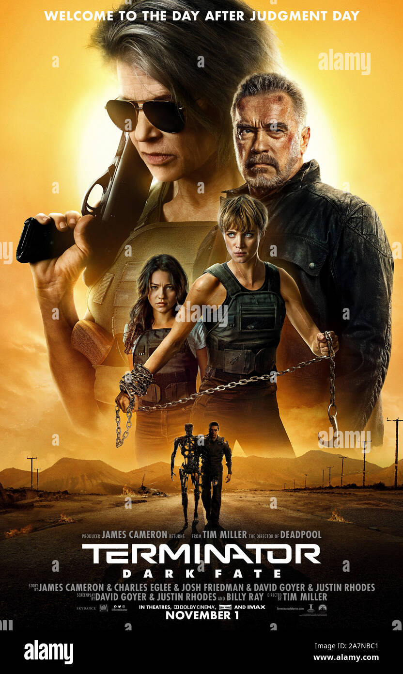 Terminator : The Fate (2019) réalisé par Tim Miller et avec Mackenzie Davis, Linda Hamilton, Brett Azar et Arnold Schwarzenegger. Sarah Connor retourne au combat un T-1000. Banque D'Images