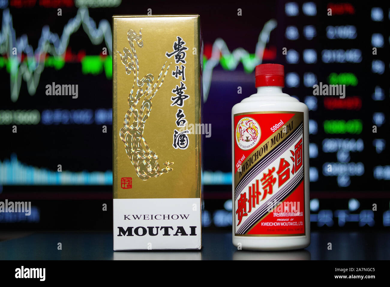 FILE--Dans cette photo non localisée, une bouteille de Kweichow Moutai, une  marque chinoise de baijiu, l'alcool est mis en face de l'écran montrant que  la part p Photo Stock - Alamy