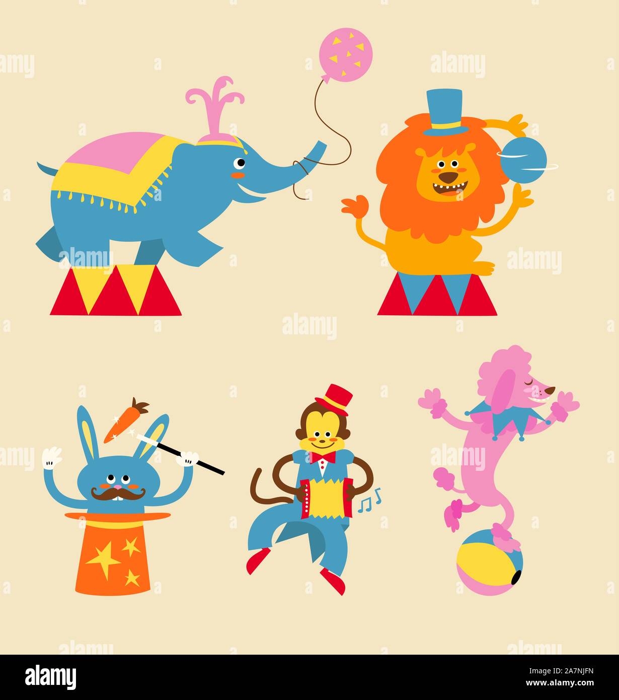 Les animaux de cirque, l'éléphant avec ballon, lion à blue ball, lapin avec magic plaie, singe, chien musicien équilibres. Vector illustration. Illustration de Vecteur