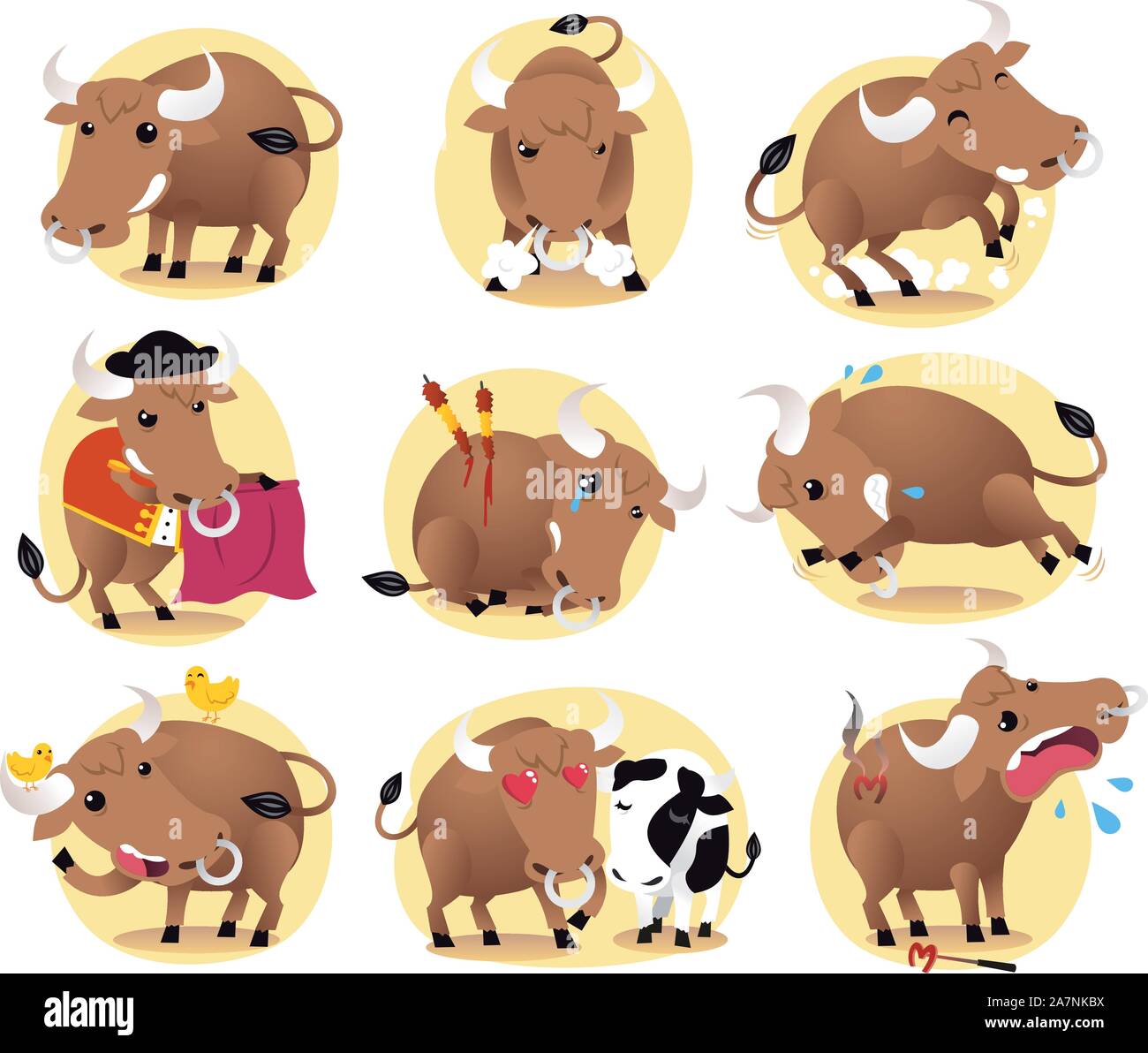 Jeu d'action Cartoon Bull, avec Bull dans différentes situations comme se tenir dans l'amour, Bull Bull, bull avec les oiseaux, Bull et, dans l'amour vache taureau et crier Illustration de Vecteur