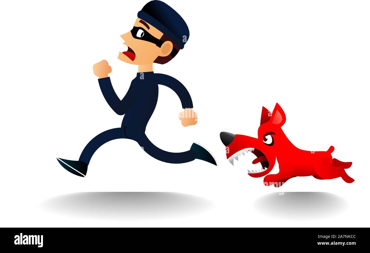 Chasse chien voleur, cambrioleur avec habillé en noir avec un masque de voleur également noir et chien furieux courir après lui l'illustration vectorielle. Illustration de Vecteur