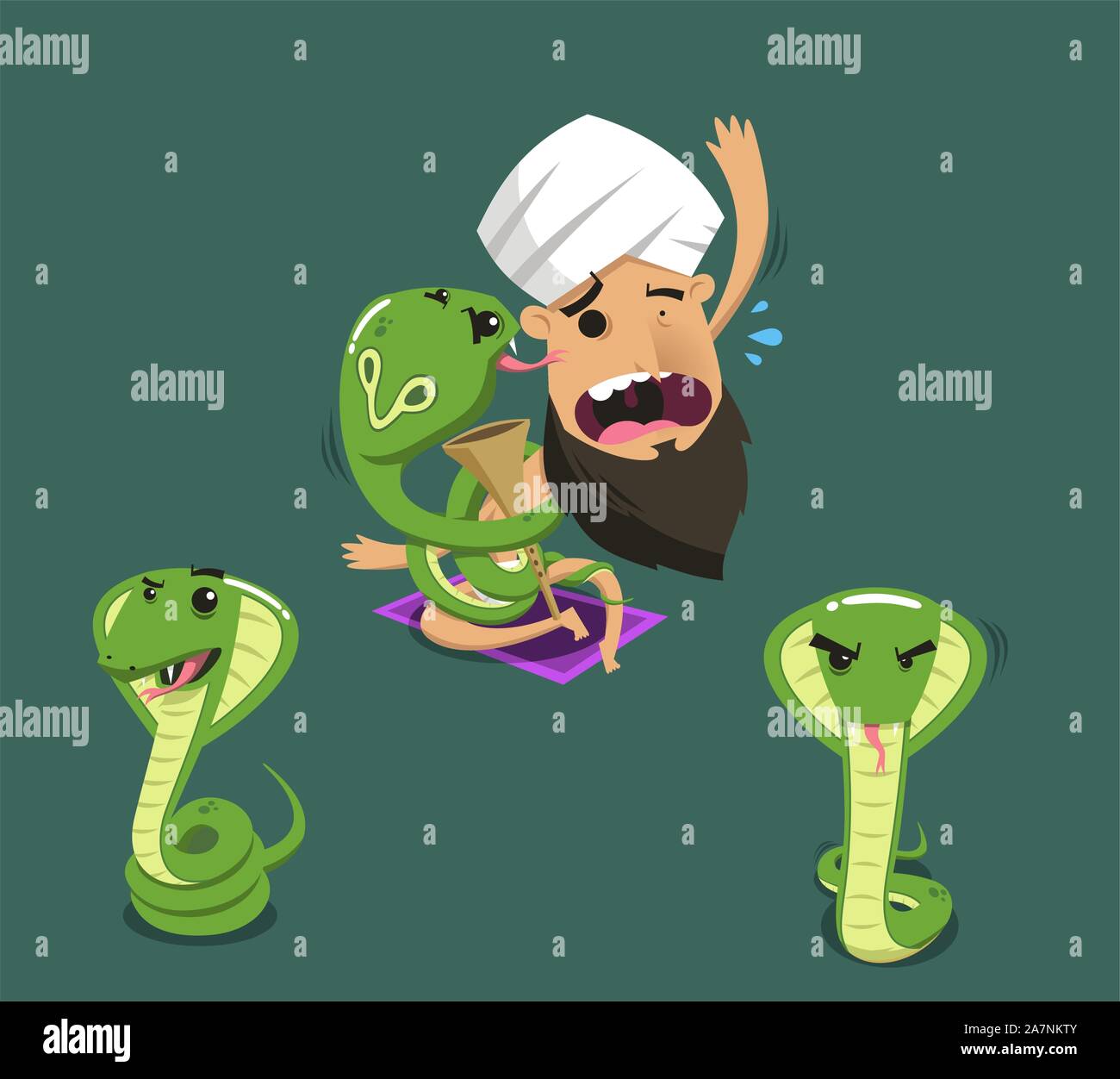 Être mangé par Cobra charmeur de serpent venimeux, vector illustration cartoon. Illustration de Vecteur