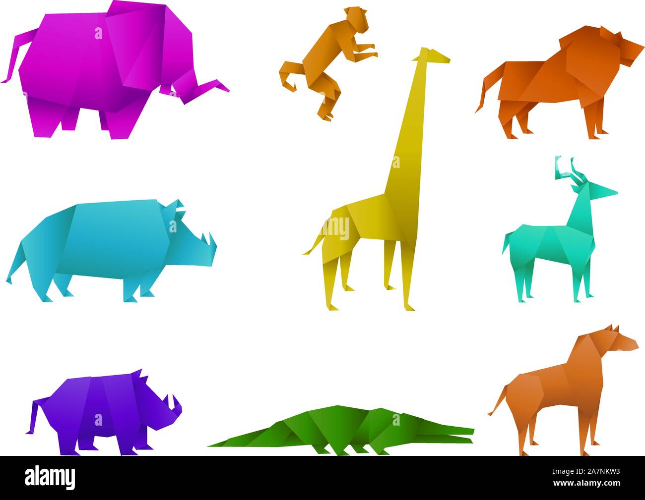 Icon Set d'animaux colorés, avec l'origami origami leopard, panther origami origami, lion, tigre, origami origami origami Cougar, Jaguar, moine d'origami Illustration de Vecteur