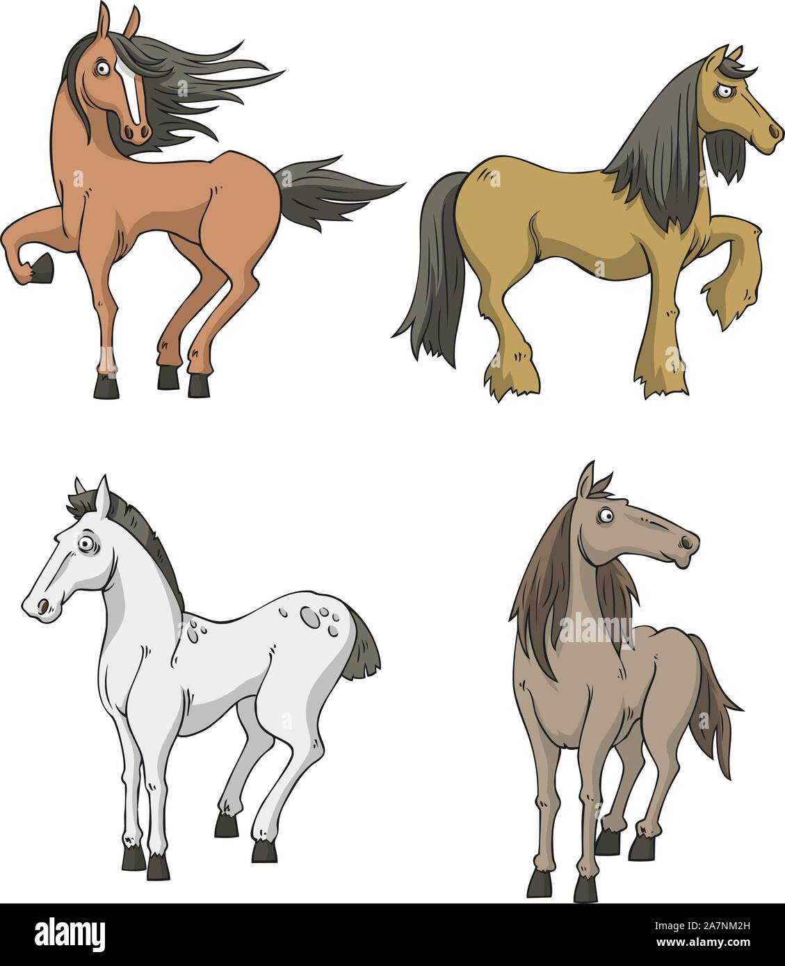 Vector cartoon collection cheval, avec quatre chevaux en différentes couleurs et positions. Illustration de Vecteur