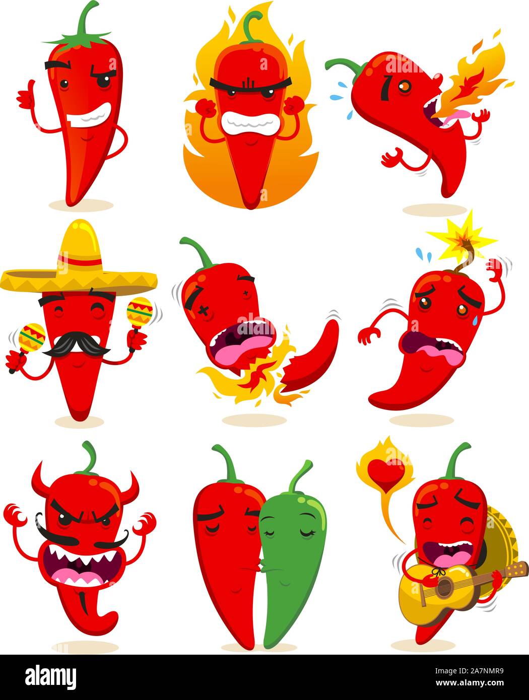 Neuf différents piments dans différentes situations comme faire O.K. signe, ou maladie, crachant le feu, avec Mexican Hat, jusqu'à exploser, devil, piments chili dans lo Illustration de Vecteur