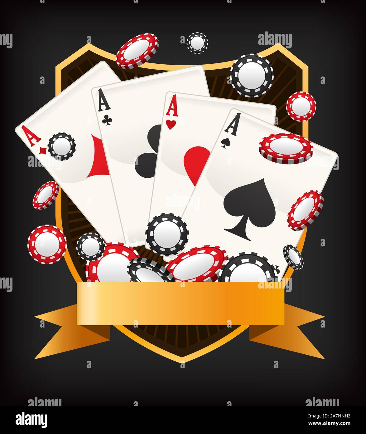 Poker Ace Banner emblème avec pièces de monnaie et cartes d'illustration vectorielle. Illustration de Vecteur