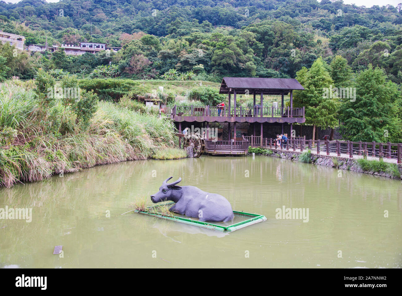 Un lac avec une vache au milieu Banque D'Images