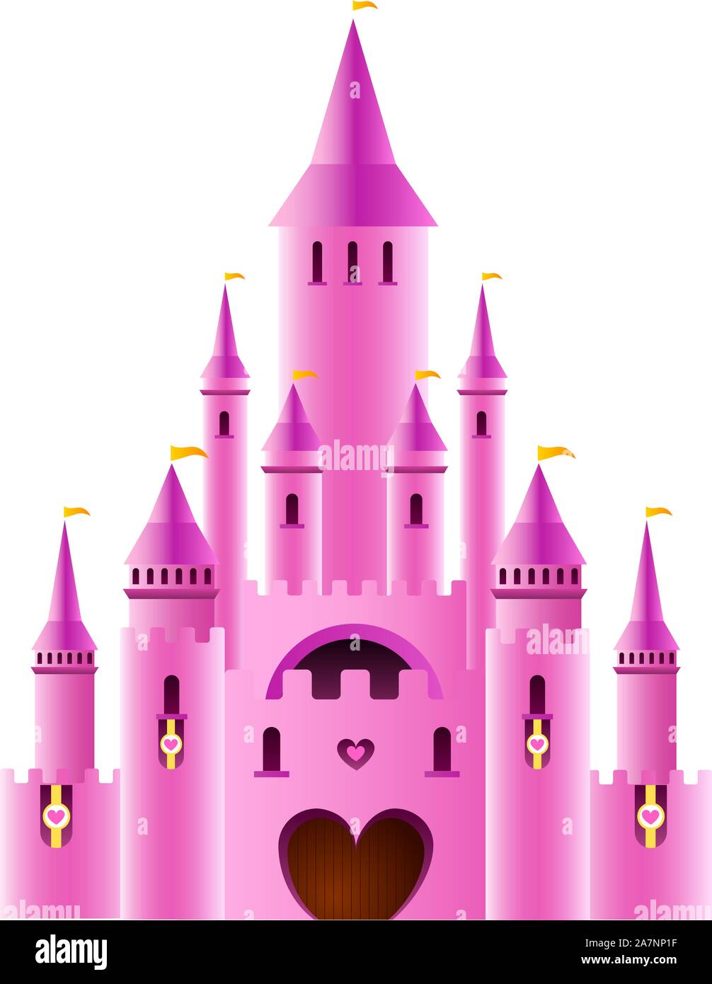 Conte de fées Sparkly Pink Palace château forteresse avec drapeau arc-en-ciel et de l'illustration vectorielle. Illustration de Vecteur