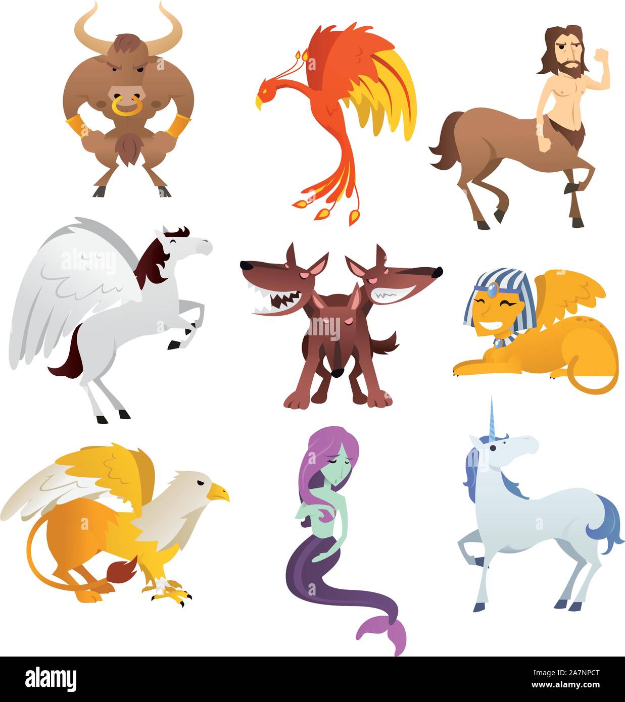 Des créatures mythologiques et d'animaux, avec unicorn, Phoenix, sphinx, Centaur, Pegasus, oiseau, Cerberus, griffin, Pharaon et Eagle vector illustration. Illustration de Vecteur