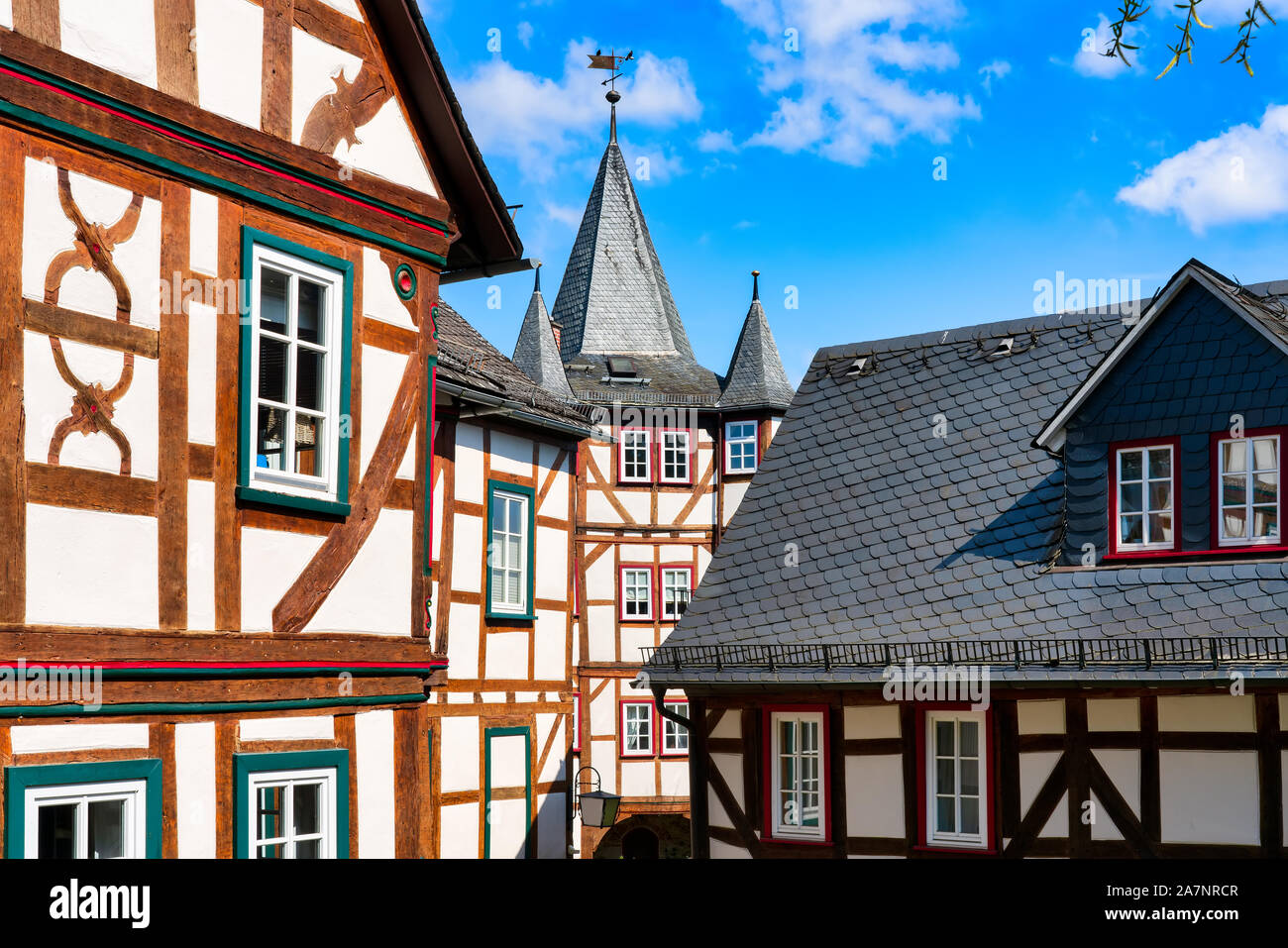 Vue urbaine avec maison à colombages dans la vieille ville de Braunfels Banque D'Images