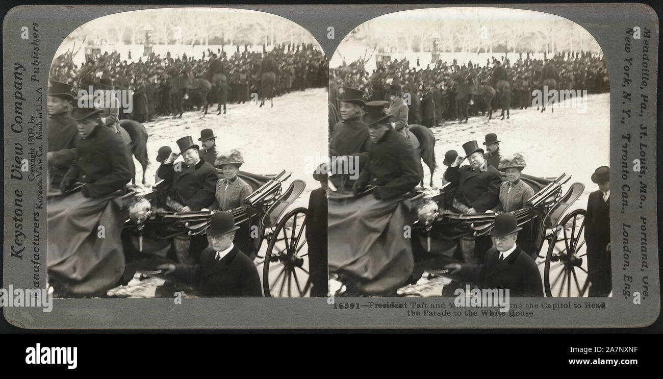 Le président des États-Unis, et Mme Taft de quitter la capitale à la tête du défilé pour la Maison Blanche, Washington, D.C., USA, carte stéréo, Keystone View Company, Mars 4, 1909 Banque D'Images