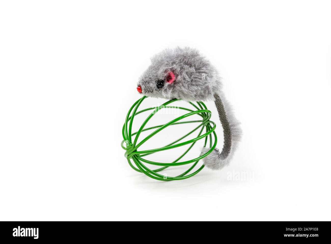 Jouet gris souris jouant autour d'un metal ball cat Banque D'Images