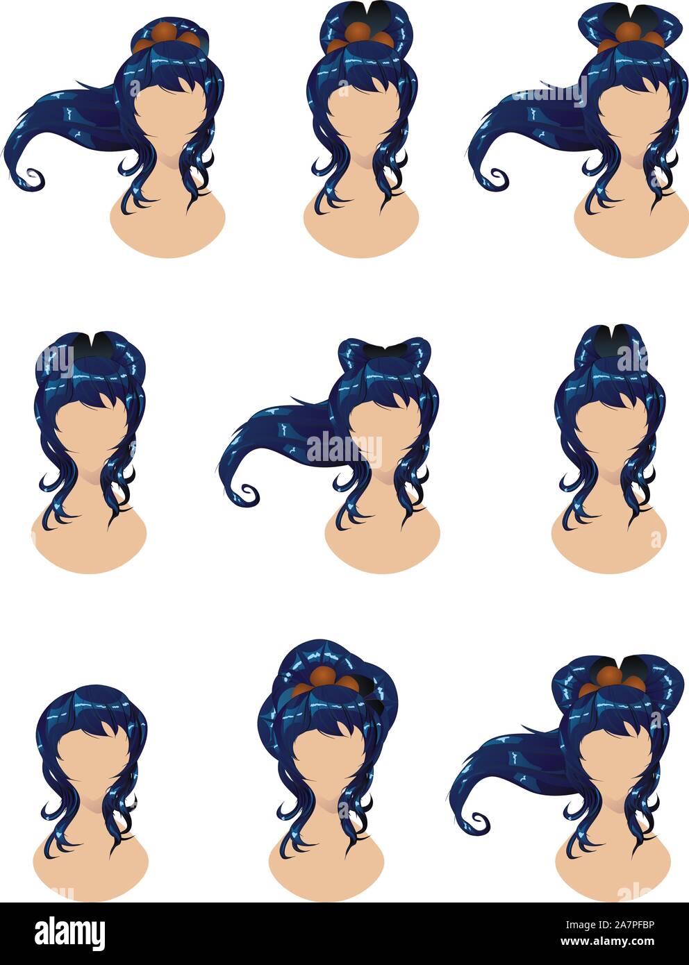 Ensemble de différentes coiffures pour les longs cheveux bleus. Illustration de Vecteur