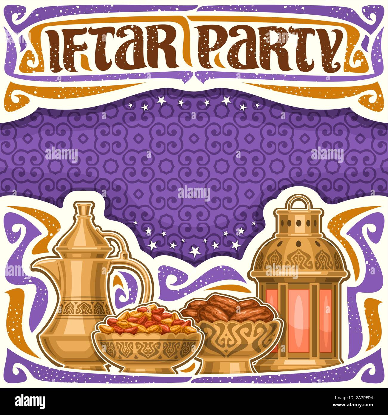 Vector affiche pour l'Iftar Party with copy space, vieille lanterne, coupes d'or avec des fruits doux et secs, thé oriental électrique, headline avec pinceau de calligraphie Illustration de Vecteur