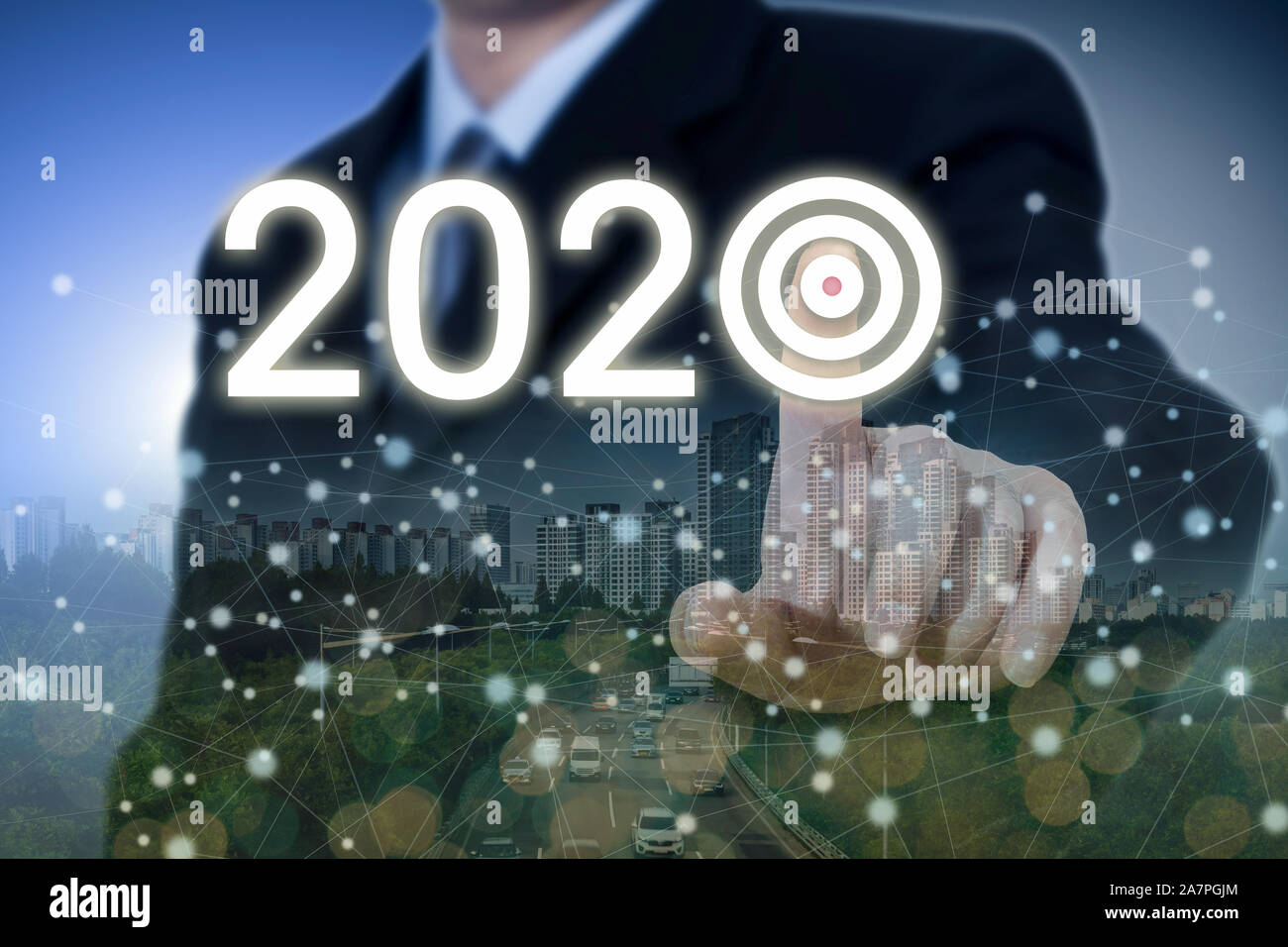 Fabricants de businessman en cliquant sur la cible de 2020 concept. Banque D'Images
