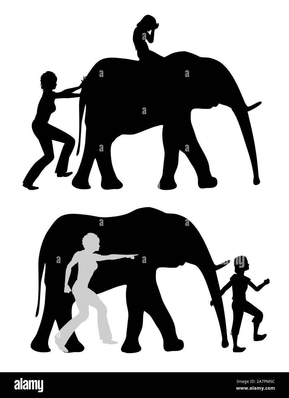 Enfant qui pleure sur l'éléphant avec parents et poussant fort mentalement en prenant la direction de l'adolescence. Banque D'Images