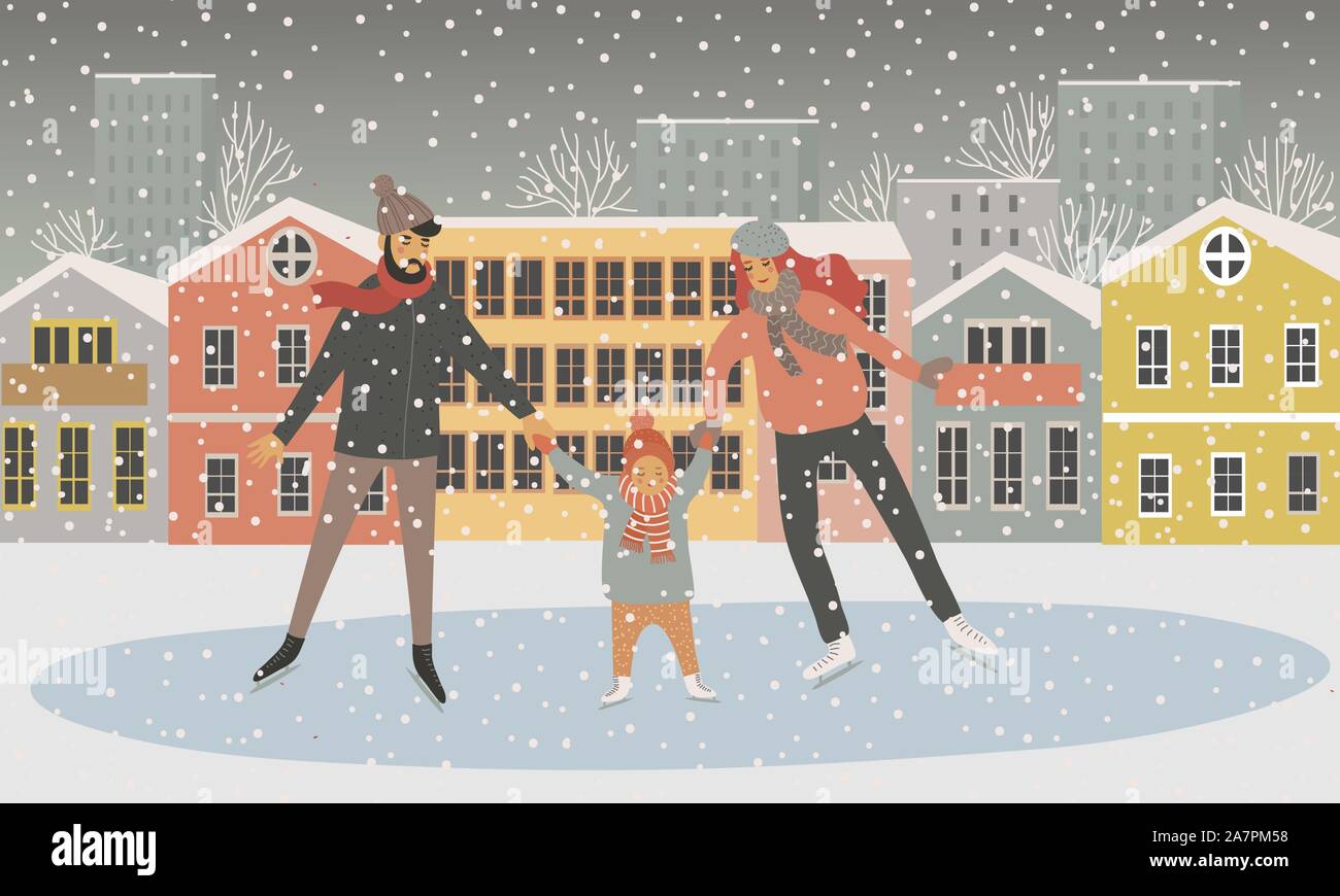 La famille à la patinoire sur l'arrière-plan des maisons. Père, mère et enfant sont le patinage et il neige. Télévision cartoon vector illustration dessinée à la main Illustration de Vecteur