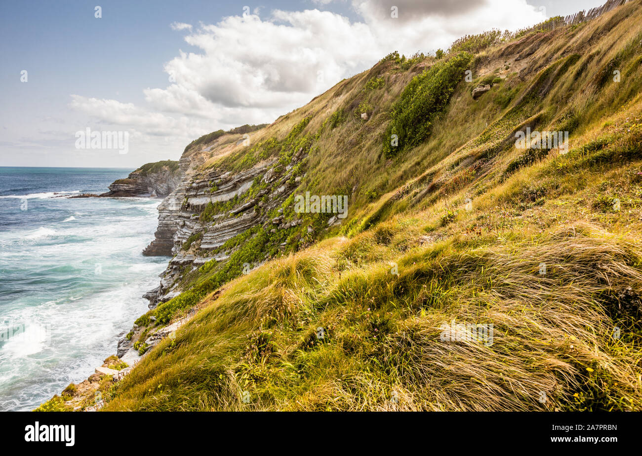 Pays Basque littoral avec des falaises typiques et de formations rocheuses, surplombant le golfe de Gascogne. Saint Jean de Luc, France. Banque D'Images