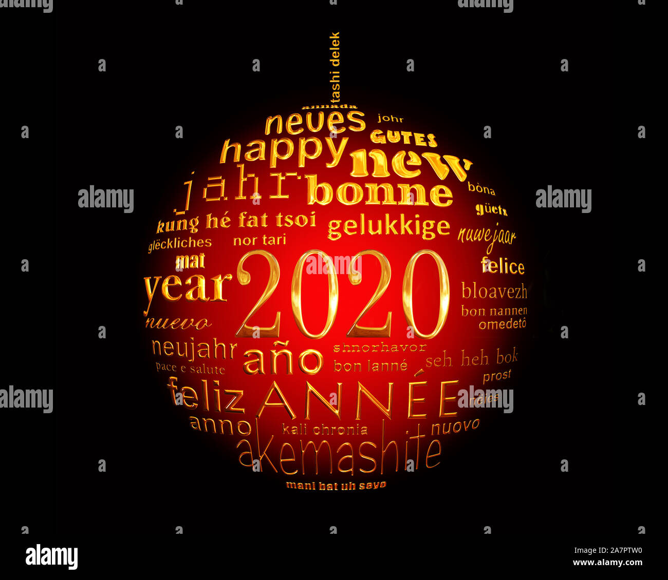 2020 Nouvelle année , rouge noir et or nuage de mots de texte multilingue carte de souhaits en forme de boule de noël Banque D'Images
