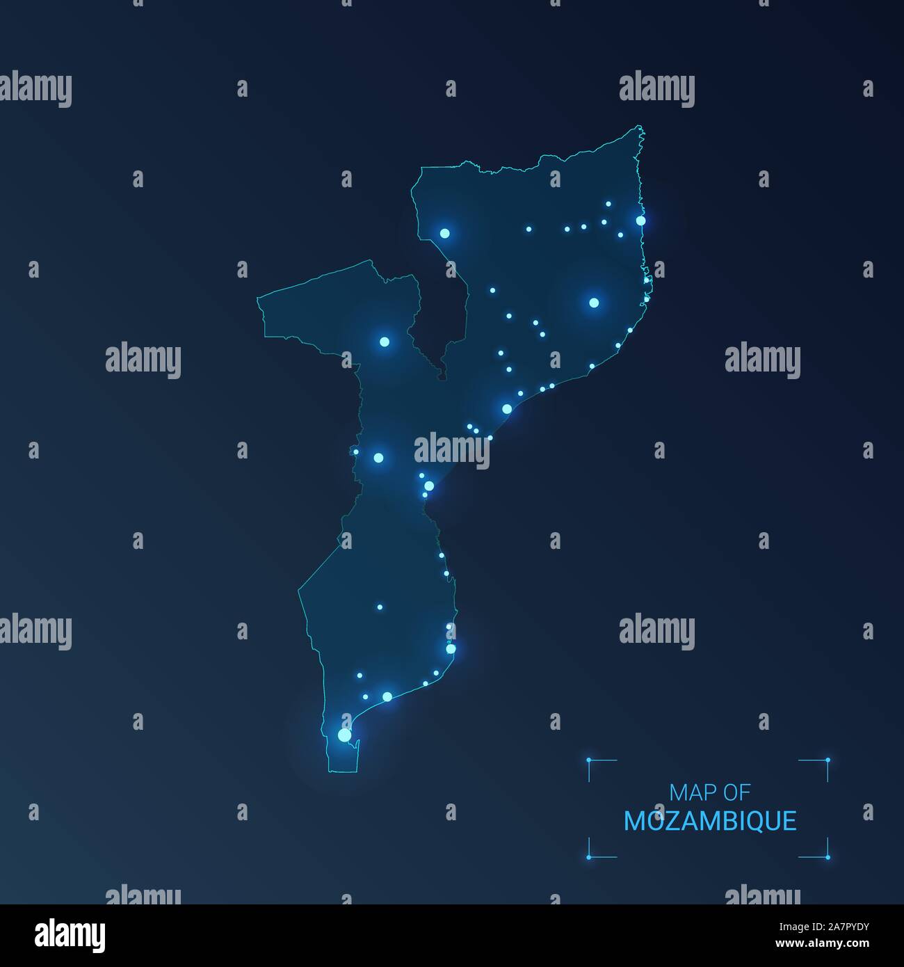 Carte Mozambique avec les villes. Points lumineux - néons sur fond sombre. Vector illustration. Illustration de Vecteur