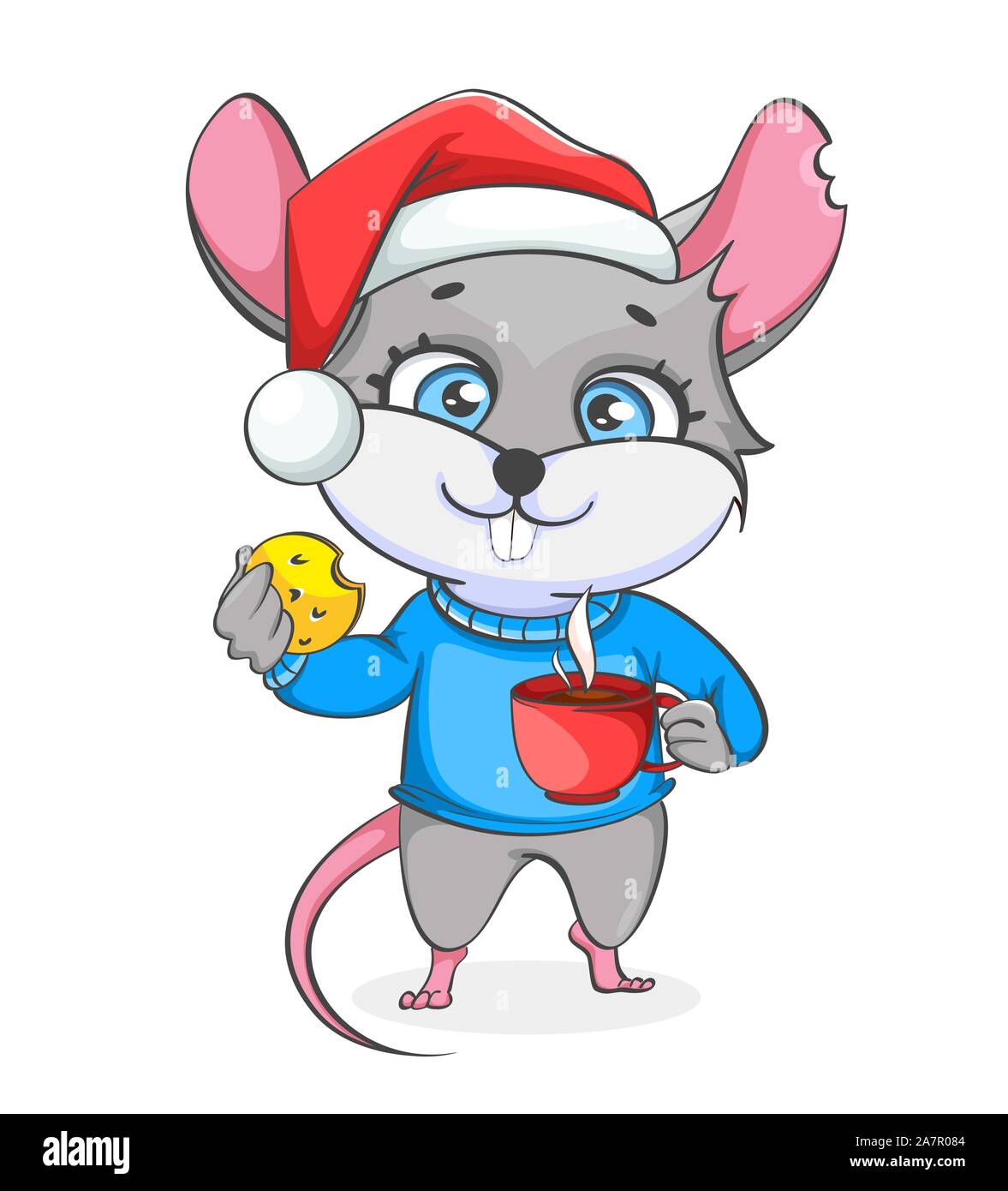 Rat dans Santa hat holding cookie et une tasse de café. Rat drôle, cute cartoon character. Vector illustration sur fond blanc Illustration de Vecteur
