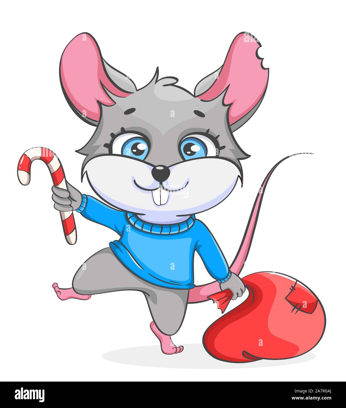 Sac avec holding Rat présente et Candy Cane. Rat drôle, cute cartoon character. Vector illustration sur fond blanc Illustration de Vecteur