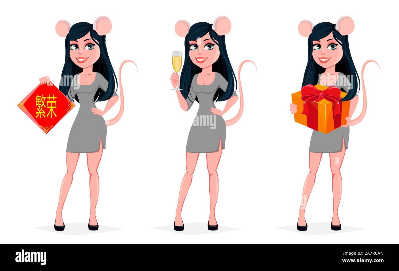 Belle jeune femme en costume de carnaval de souris, ensemble de trois poses. Vector illustration sur fond blanc. La prospérité se traduit comme lettrage Illustration de Vecteur