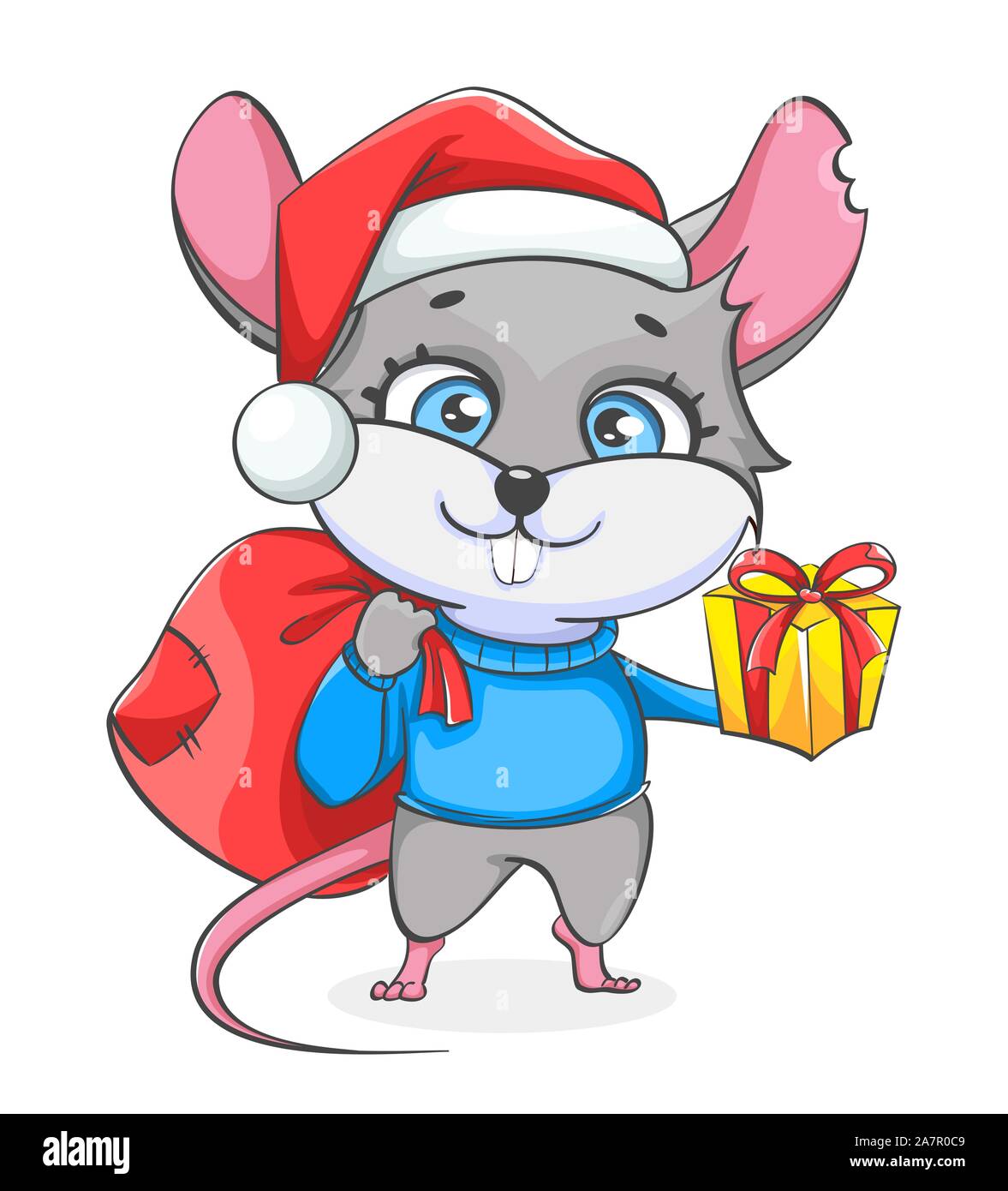 Rat dans Santa hat holding sac de cadeaux et boîte-cadeau. Rat drôle, cute cartoon character. Vector illustration sur fond blanc Illustration de Vecteur