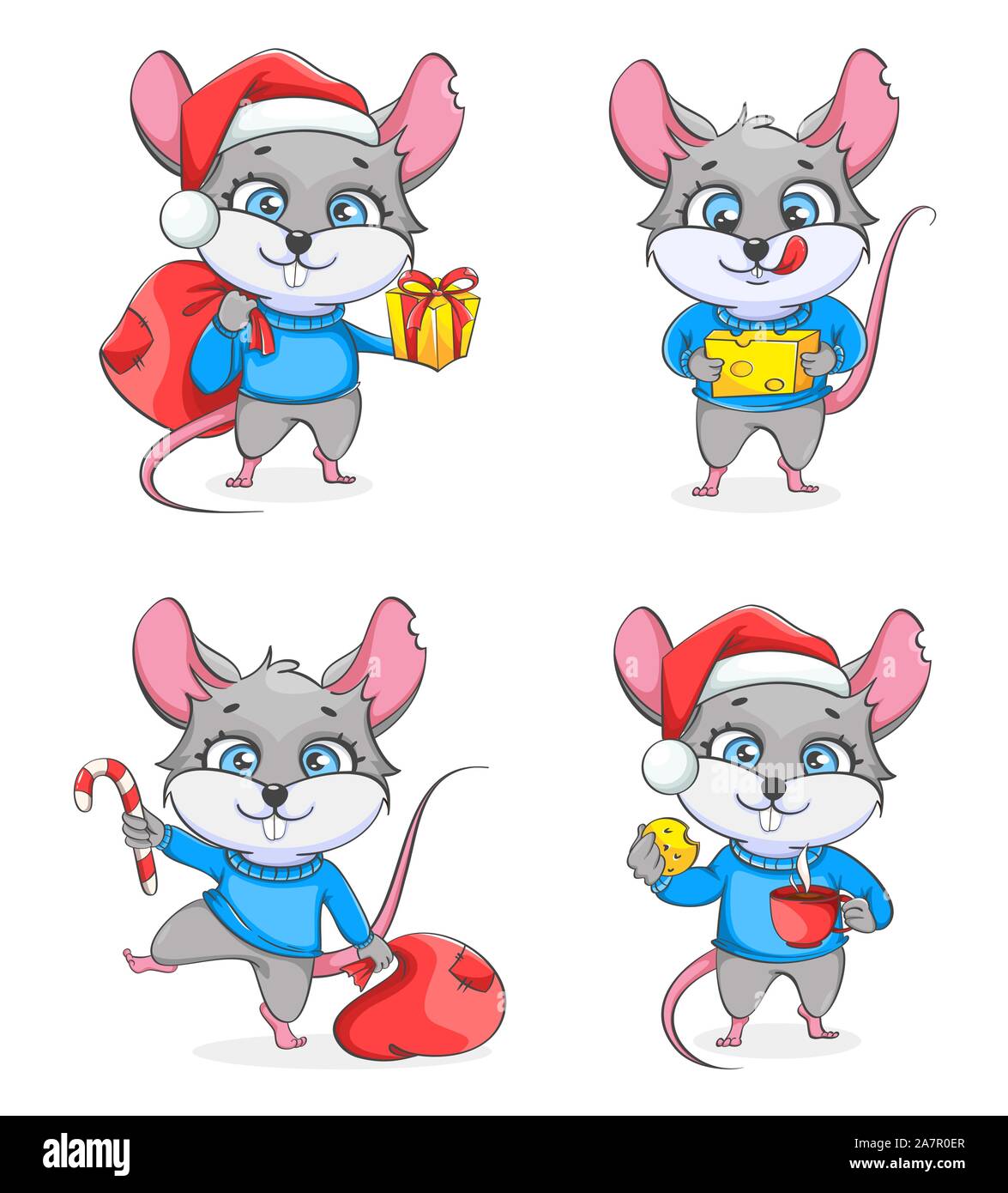 Rat, symbole de la nouvelle année 2020, série de 4 poses. Rat drôle, cute cartoon character. Vector illustration sur fond blanc Illustration de Vecteur