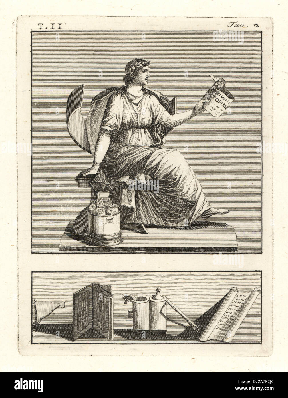Clio, muse de l'histoire romaine, la lecture d'un parchemin. Elle porte une couronne de laurier, est assis sur une chaise au-dessus d'un Cassettino Cilindrico cylindrique (canon) des parchemins marqués avec dossier (balise pour indiquer le titre ou l'auteur). La gravure sur cuivre par Tommaso Piroli de ses antiquités de Herculanum (Antichita di Ercolano), Rome, 1789. Banque D'Images