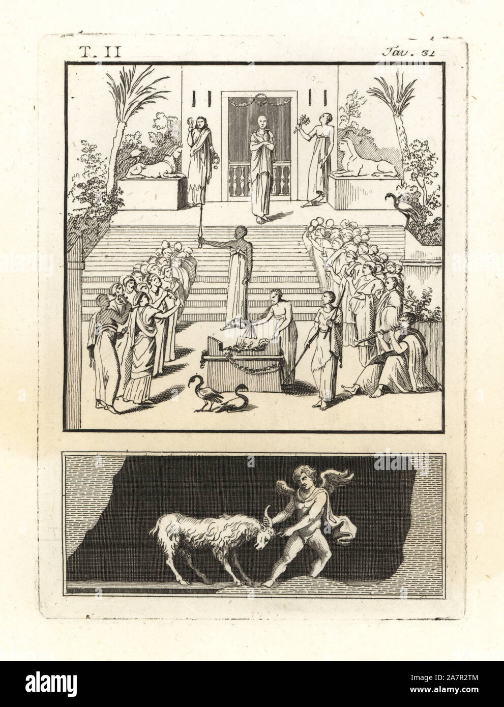 Festival d'Isis, avec le ministre de l'huile sur le feu sacré avec flabellum et deuxième ministre avec épée ou sceptre. Les dévots jouer sistre, klaxons et tambours. La gravure sur cuivre par Tommaso Piroli de ses antiquités de Herculanum (Antichita di Ercolano), Rome, 1789. Banque D'Images