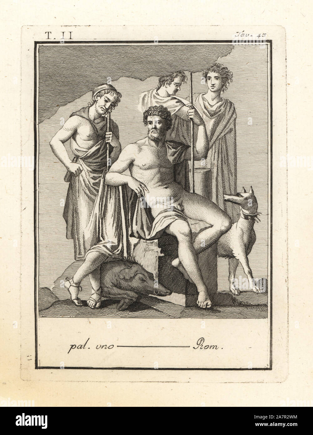 L'inscription de la chasse au sanglier Calydonian par Meleager et Atalanta. Les hommes avec des lances et un chien de chasse plus les morts du sanglier. La gravure sur cuivre par Tommaso Piroli de ses antiquités de Herculanum (Antichita di Ercolano), Rome, 1789. Banque D'Images